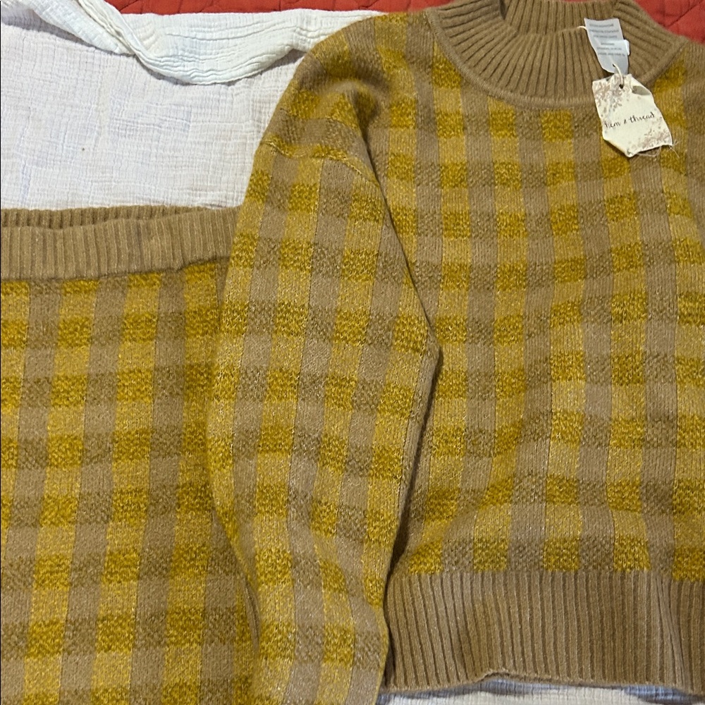 Hem & Thread Mustard Plaid Knit Sweater Skirt Set NWT Menswear, Academia